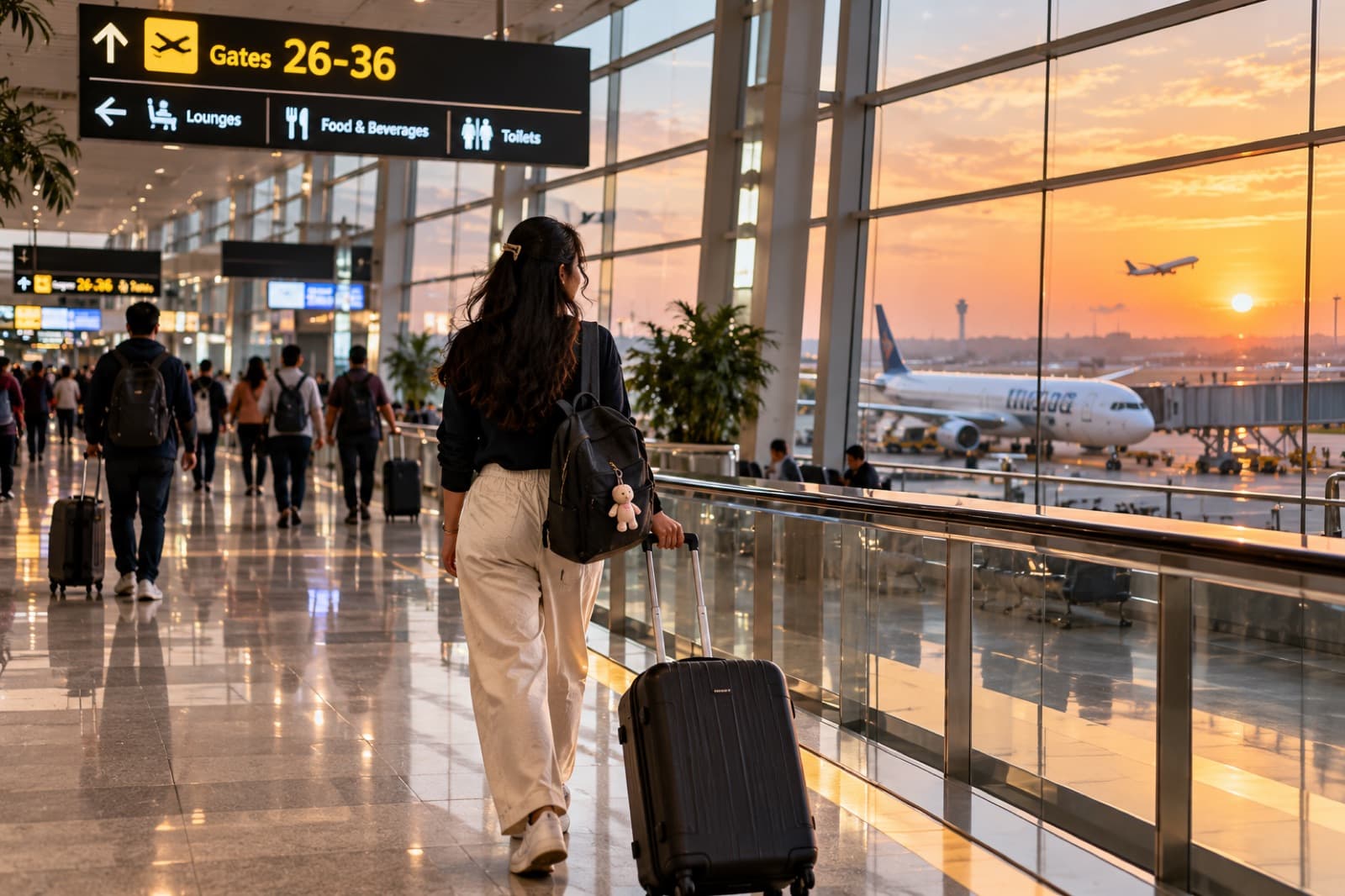 A woman with a backpack and suitcase walking through the airport at sunset
